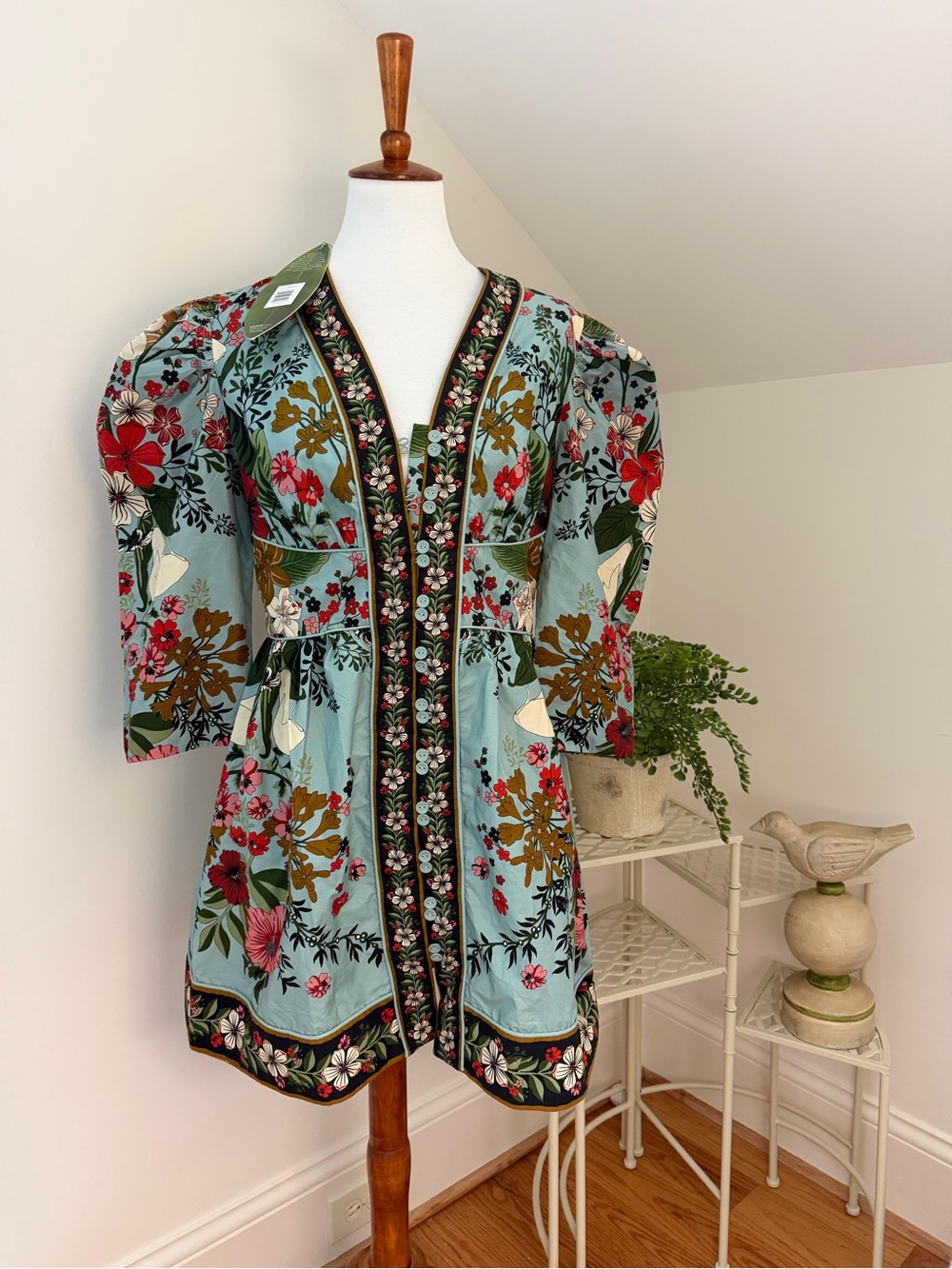 FARM Rio Light Blue Floral Mini Dress with Red, Green & White Accents
